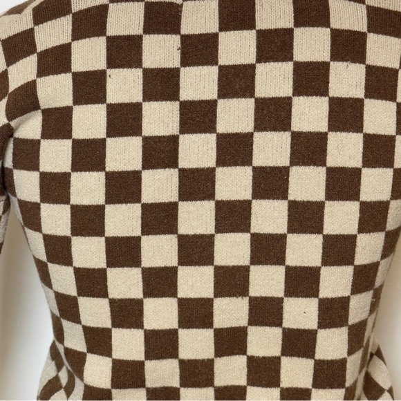 Vintage-Inspired Brown & Cream Checkerboard Cropped Cardigan Women XS - Picture 5 of 7